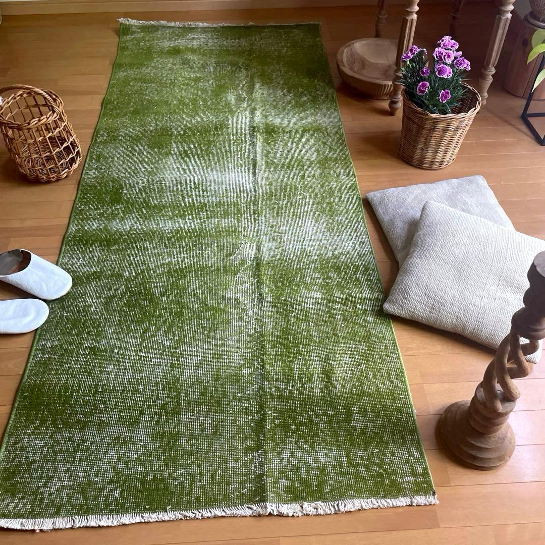 86×209抹茶グリーン　ワンカラーオーバーダイ　匂いありトルコヴィンテージラグ