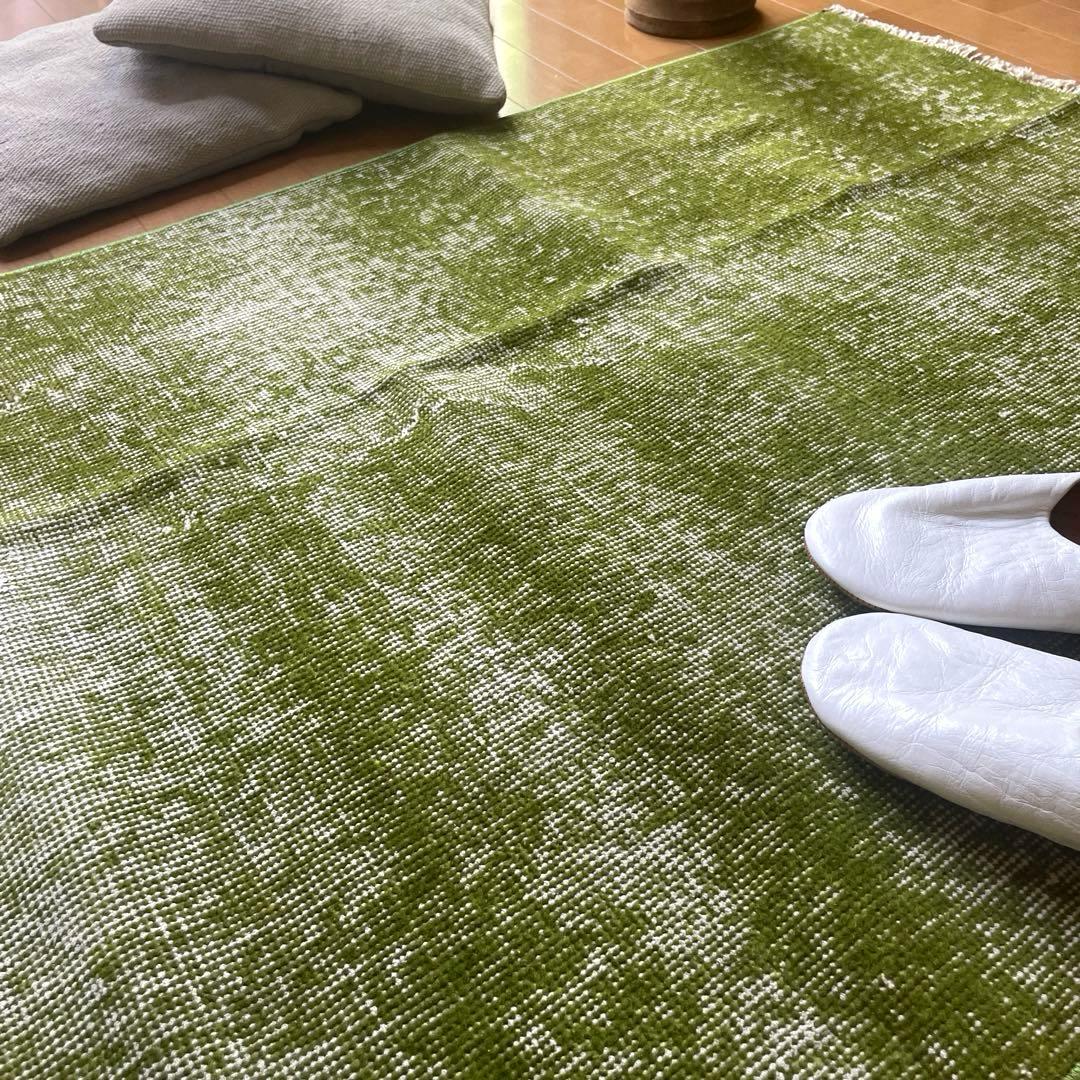 86×209抹茶グリーン　ワンカラーオーバーダイ　匂いありトルコヴィンテージラグ