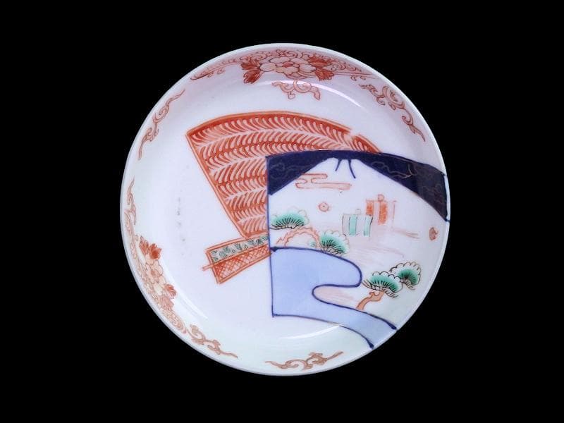 古伊万里　色絵　羊歯文様に松原帆掛け船　富士の図　５枚　B992AS-DAi