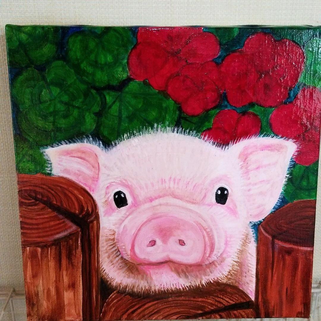 油絵　専用　花壇から顔を出した赤ちゃんぶた