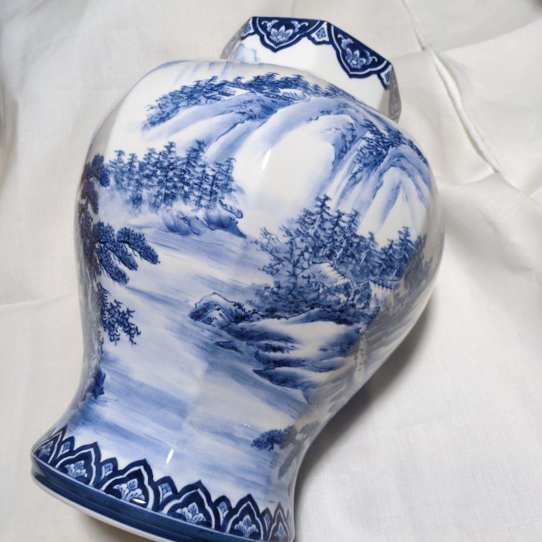 TKです。有田焼 神右衛門　染付山水図 　染付細密絵図花瓶 飾壺 古美術