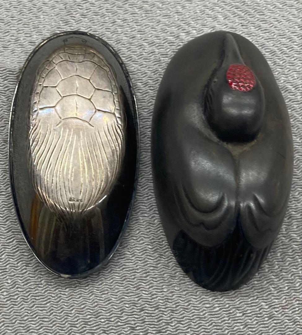 B491s 岡野利光造 鶴亀香合　純銀製　京都　共箱　茶道具　香道具　金工師