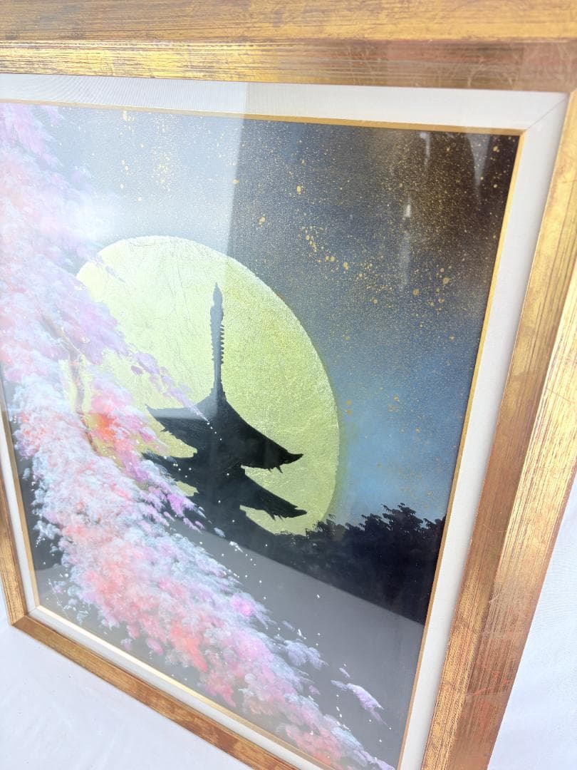 【真作】立川広己　満月に舞う　絵画 F15号　額付き　1枚の繪　桜　城　日本