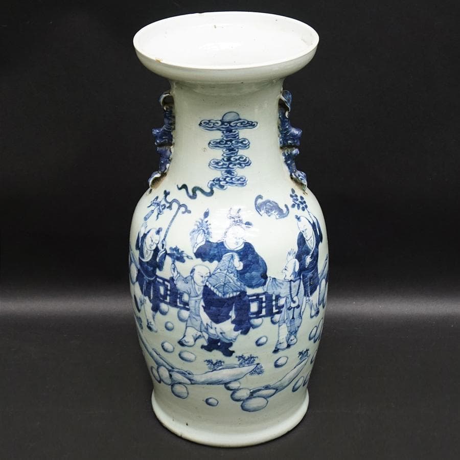 中国古玩 双耳付染付花瓶 唐物 壺 花生 高さ43cm 時代 骨董 中国美術