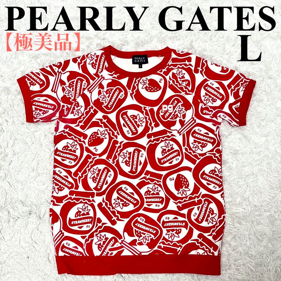【極美品】パーリーゲイツ　tシャツ　総柄　レッド　ホワイト　いちご柄　ゴルフ L
