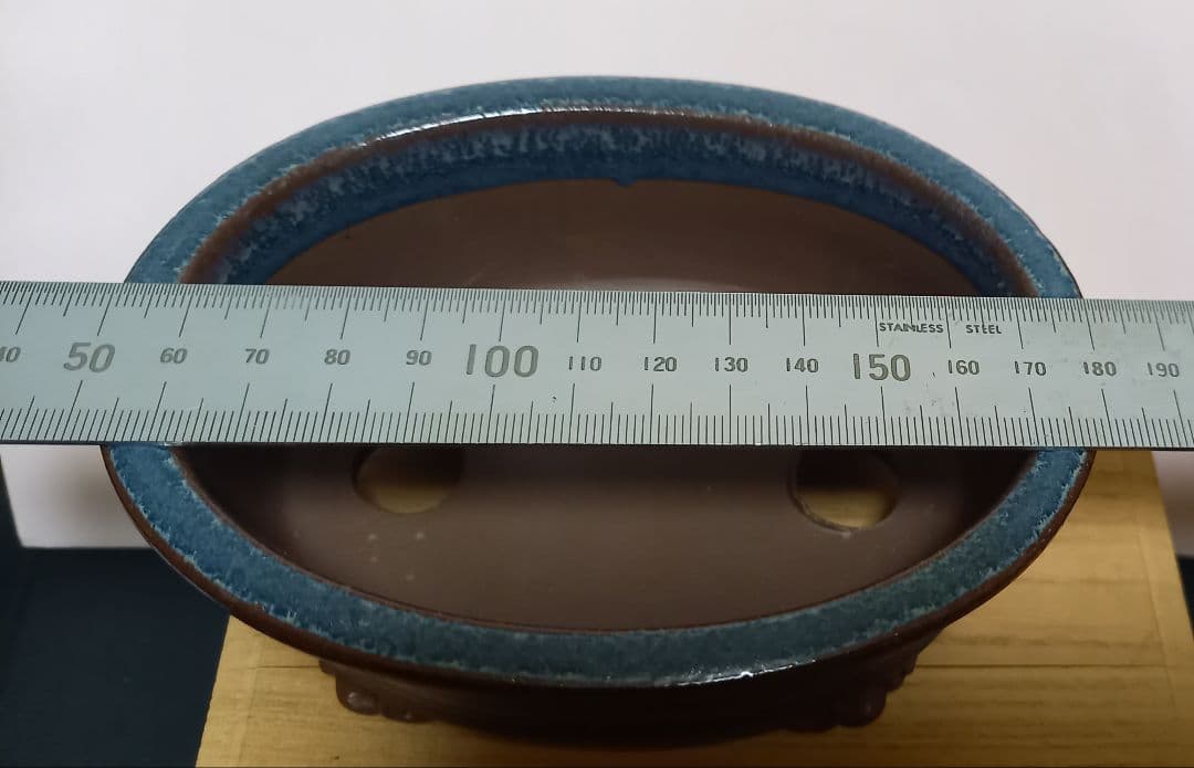 藍色釉薬楕円形雲足の陶翠作小品盆栽鉢‼️