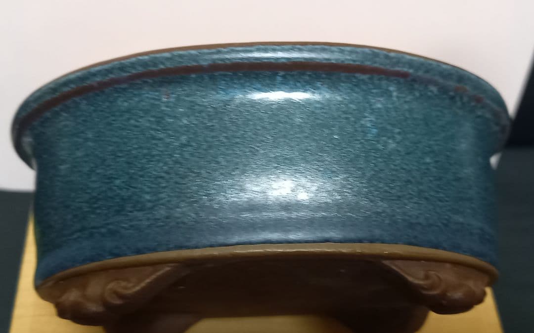 藍色釉薬楕円形雲足の陶翠作小品盆栽鉢‼️