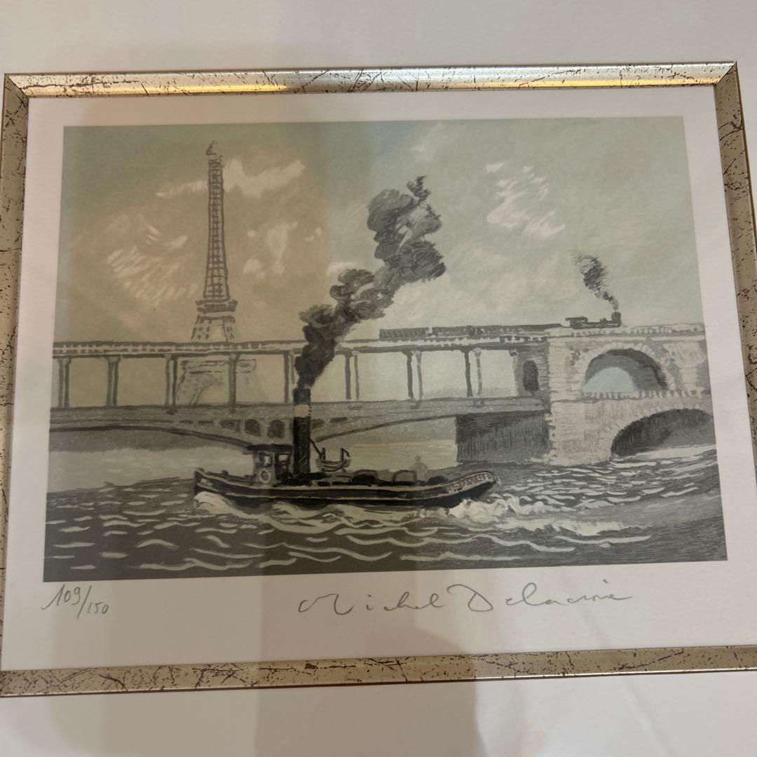 ミッシェル　ドラクロワ　リトグラフ　セーヌの蒸気船　サイン付き