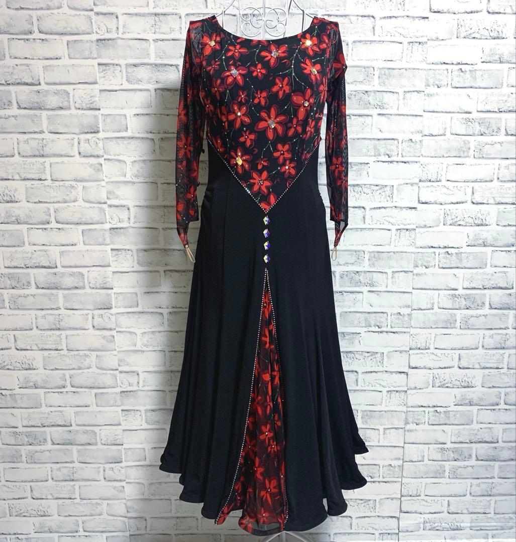 【in the MOOD】日本製　社交ダンス　花柄　赤黒カラー　ドレス　L