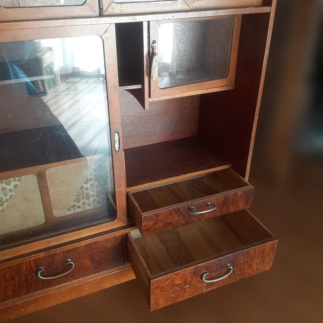 茶箪笥　アンティーク 木製キャビネット ガラス扉付き　昭和レトロ