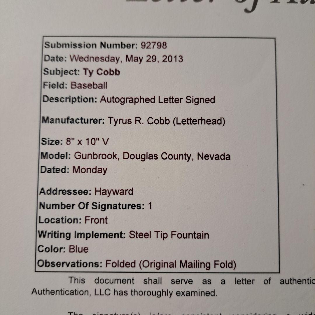 Ty Cobb タイ・カップ　直筆レター　JSA鑑定