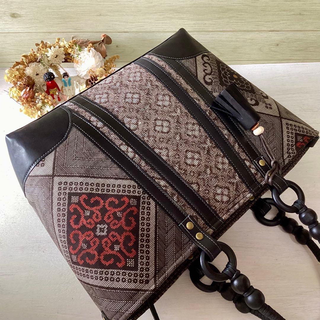 龍郷 大島紬×本革 着物リメイク トートバッグ 和装バッグ ハンドメイド A4