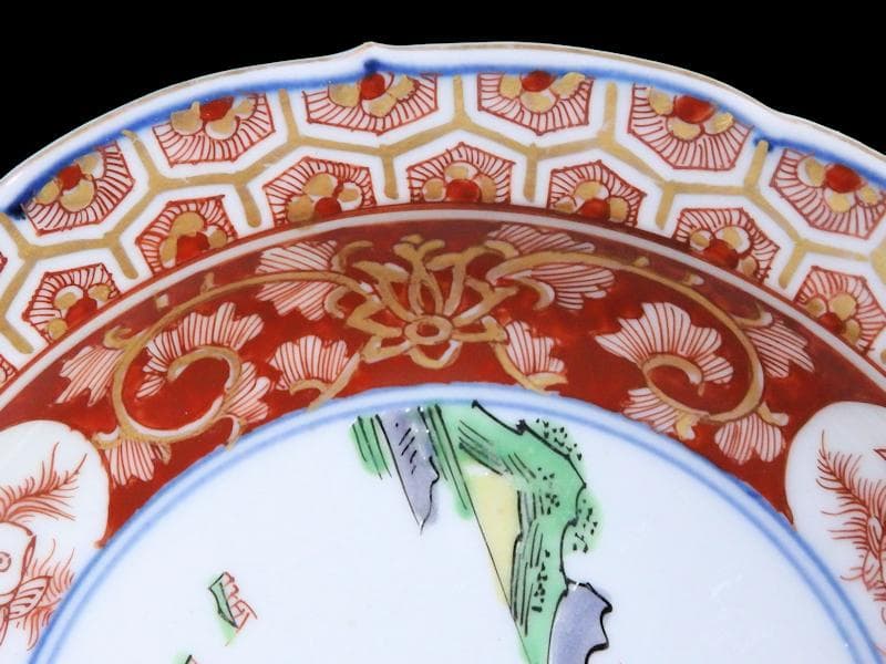 大聖寺伊万里　亀甲紋に金唐草　山水紋の図　５寸皿　５枚　E077AS-CRi