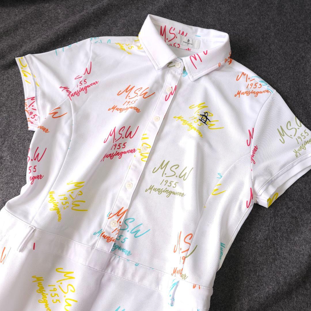 【マンシングウェア】ペンギンロゴ×ロゴ総柄 マルチカラー 半袖ゴルフワンピースL