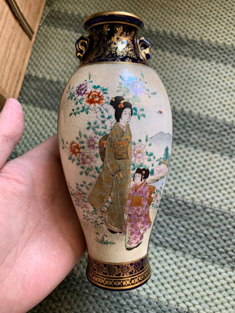 明治時代 薩摩焼「美人図小花瓶」楠部銘 箱付 花瓶 古玩 色絵 花器 古美術