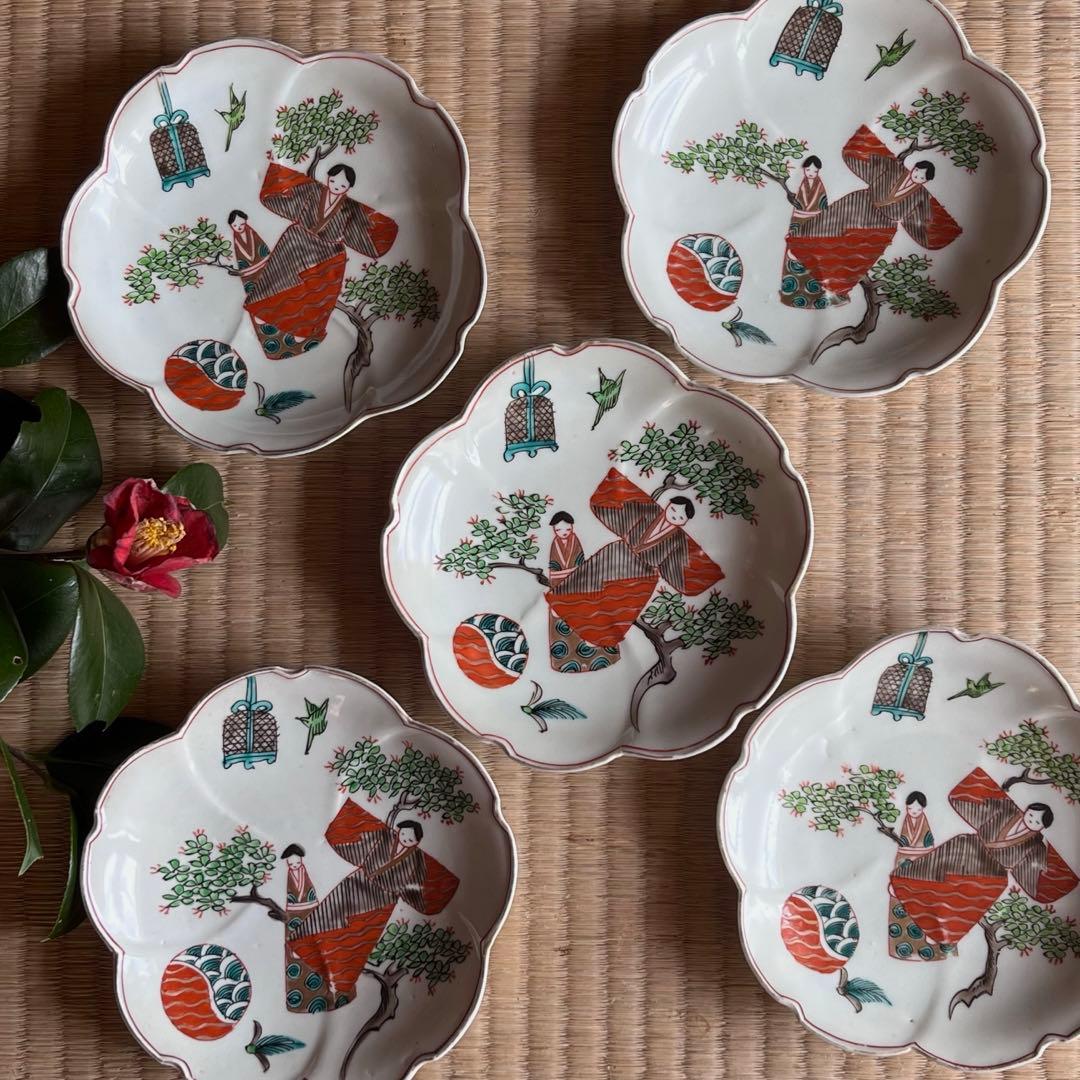 骨董　古伊万里　雛　　立雛　5寸皿　5客組