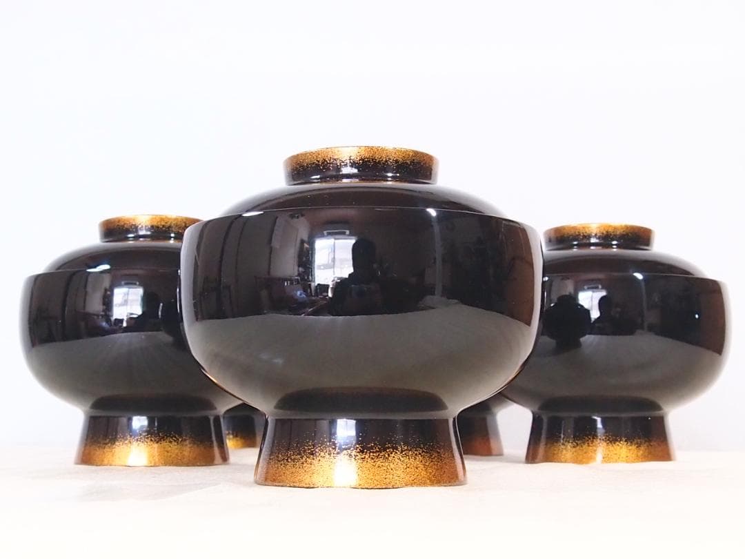 【高級・未使用】輪島塗 大向高洲堂 竹林祐行 縁梨地 煮物椀 5客 雑煮椀/大椀