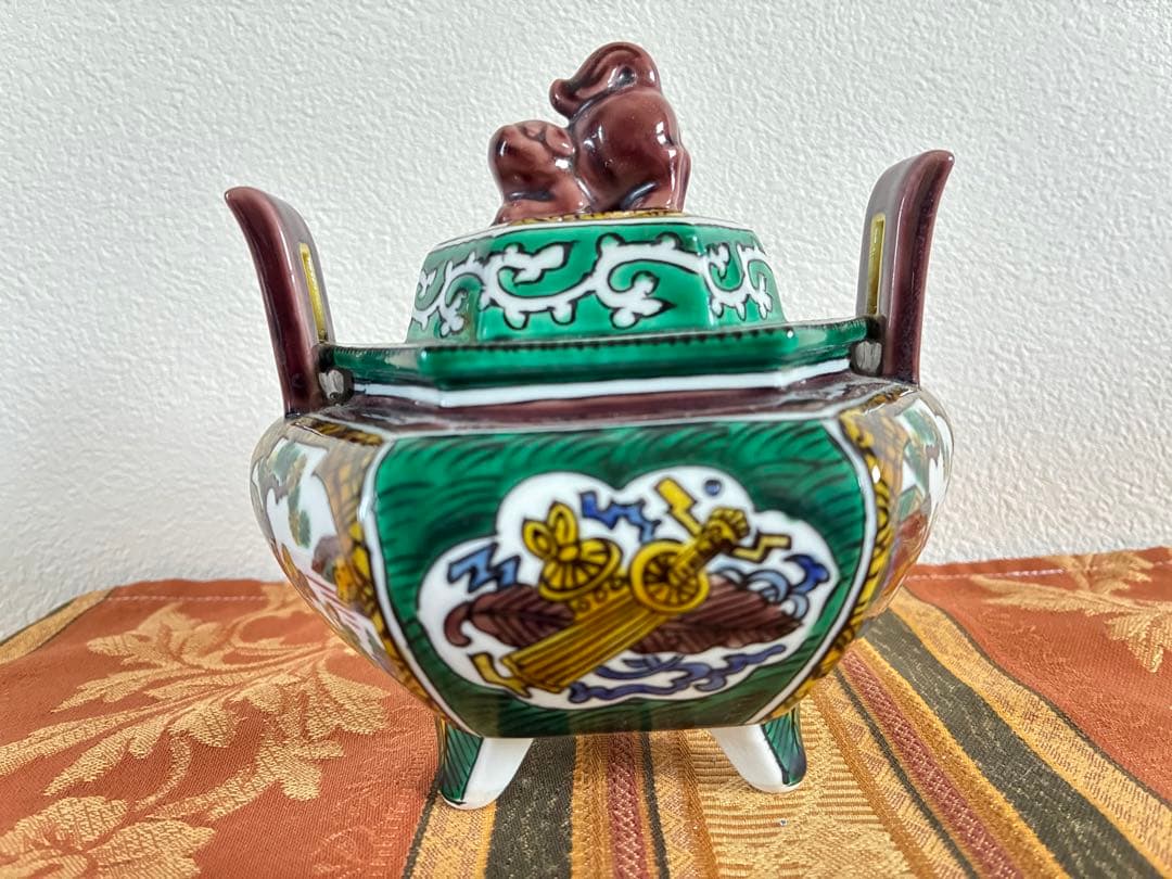 骨董＊九谷焼＊香炉＊陶器＊六角形＊獅子蓋付香炉＊年代物＊美品＊