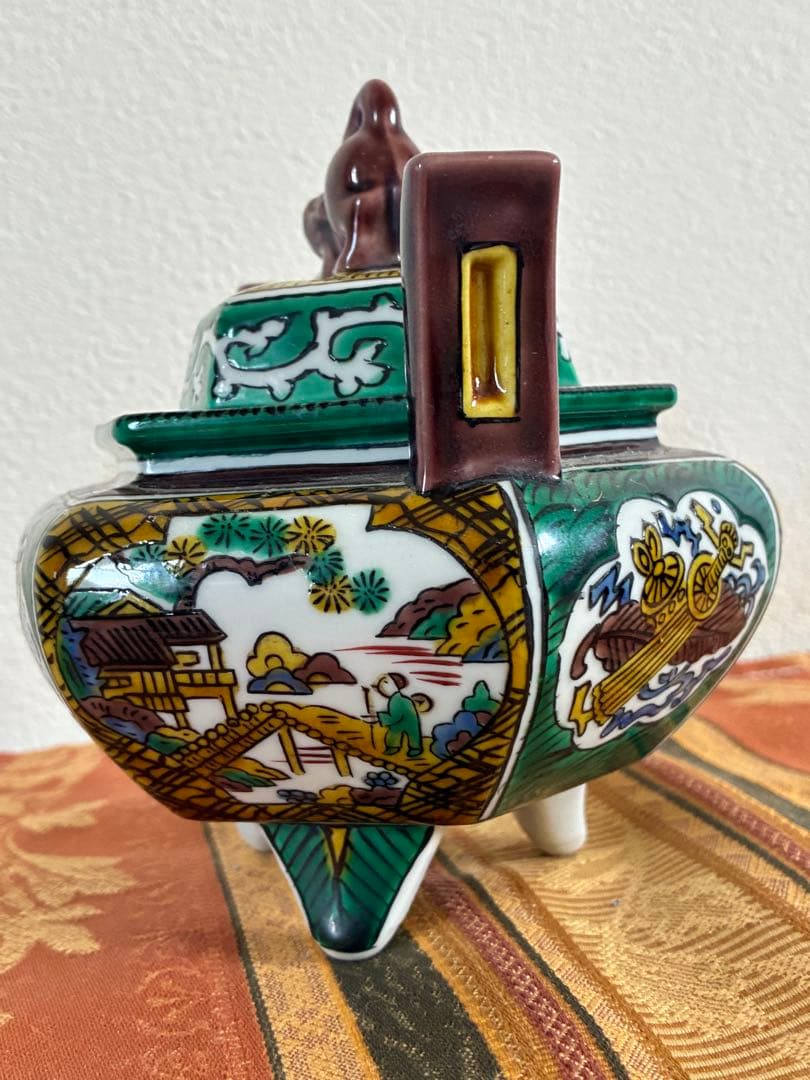 骨董＊九谷焼＊香炉＊陶器＊六角形＊獅子蓋付香炉＊年代物＊美品＊