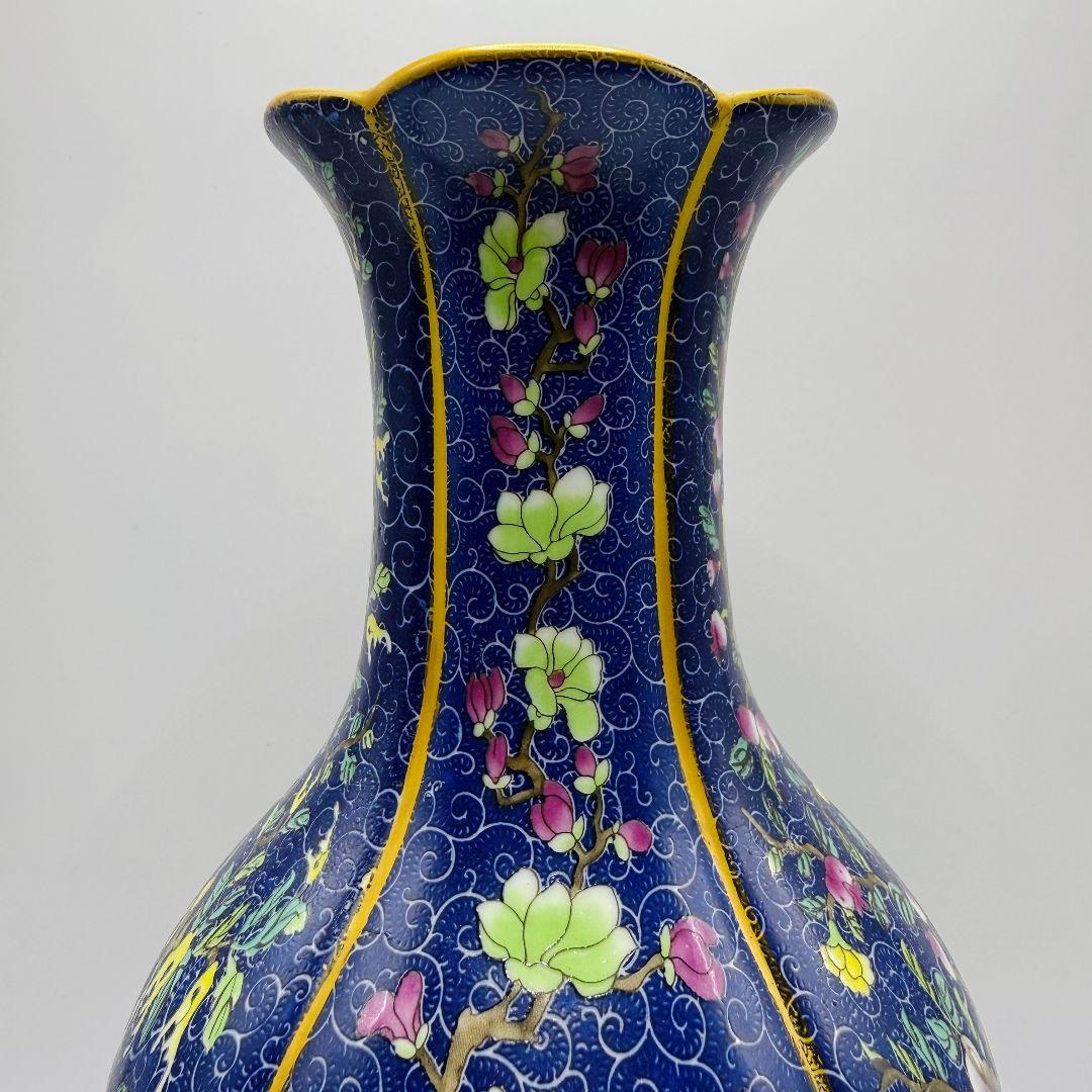 L106 青彩四角エナメル彩彩磁器花瓶 アンティーク