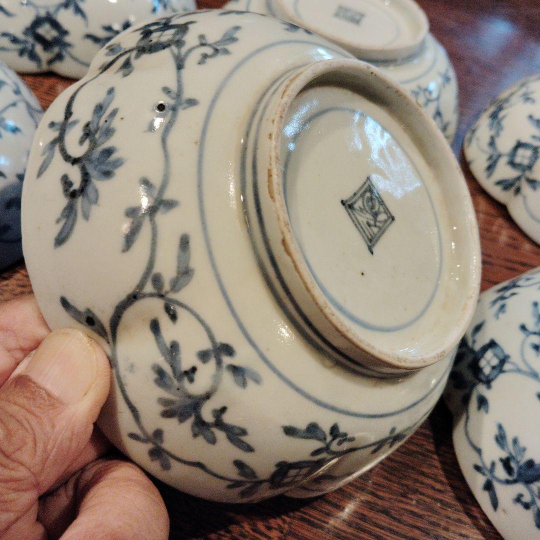 古伊万里なます皿、渦福柿右衛門手。青白磁 花柄 6客