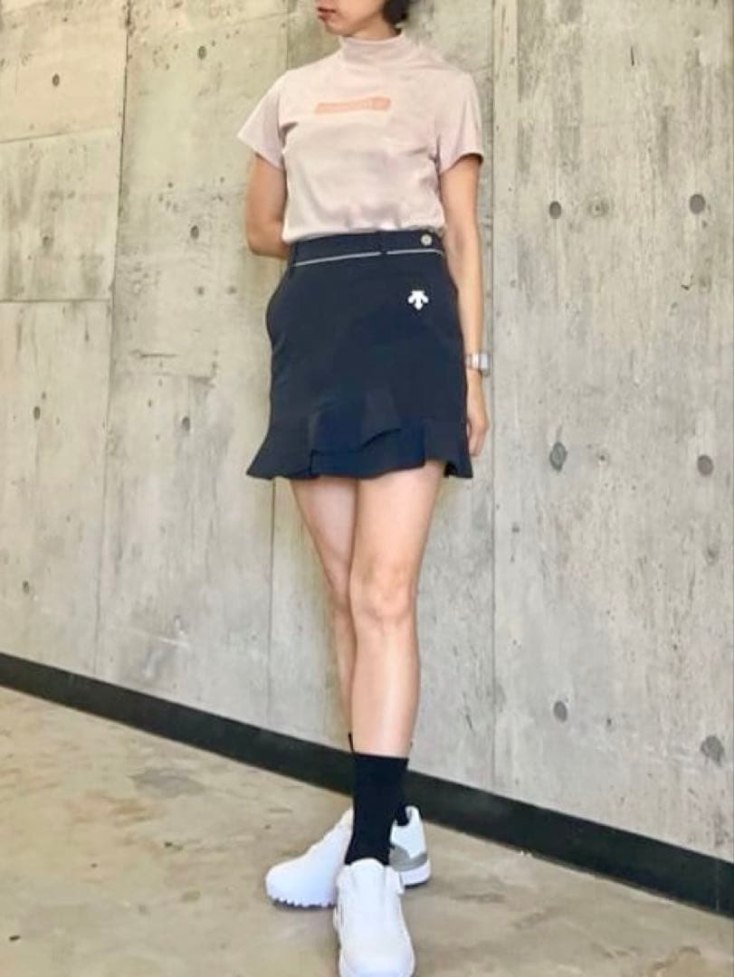 ◽️DESCENTE GOLF モックネック半袖シャツ ピンクベージュ　S