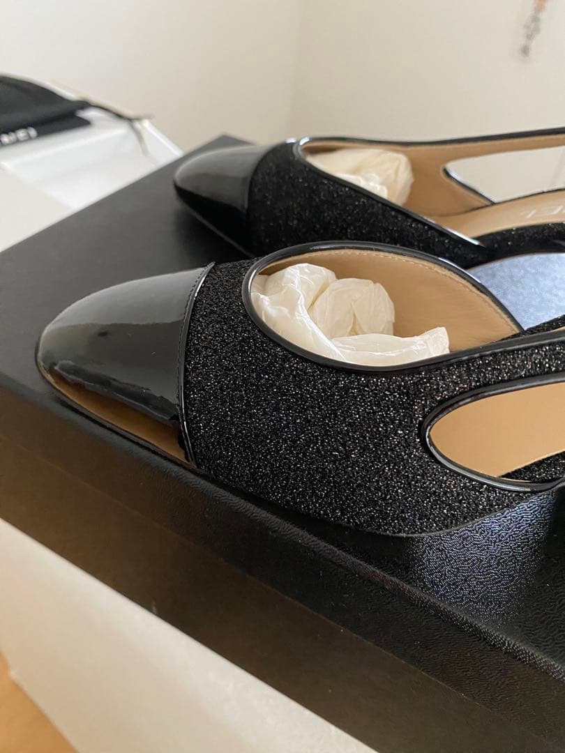 新品 CHANEL シャネル スリングバック シューズ ブラック ラメ
