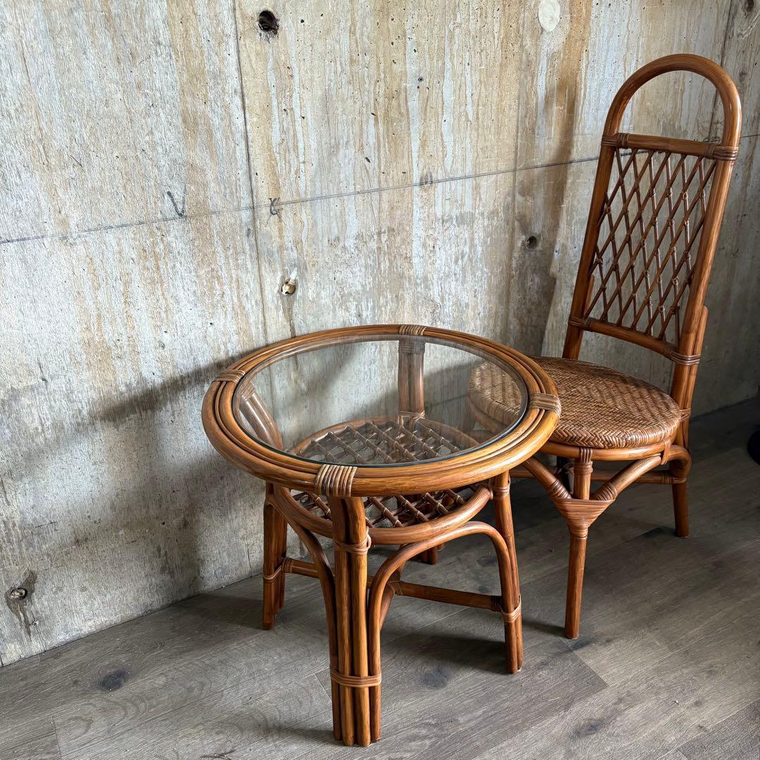 kazama ヴィンテージラタン　ラウンドテーブル & チェア　ラウンジセット