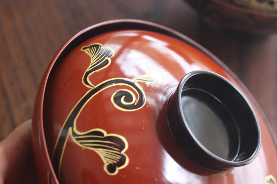 キズ有！上質朱漆に優美な牡丹沈金の映えるお椀2点（検輪島塗懐石椀蒔絵椀