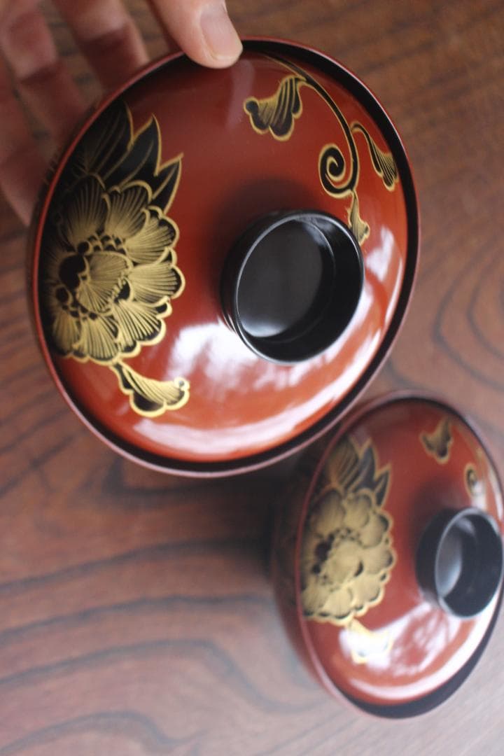 キズ有！上質朱漆に優美な牡丹沈金の映えるお椀2点（検輪島塗懐石椀蒔絵椀