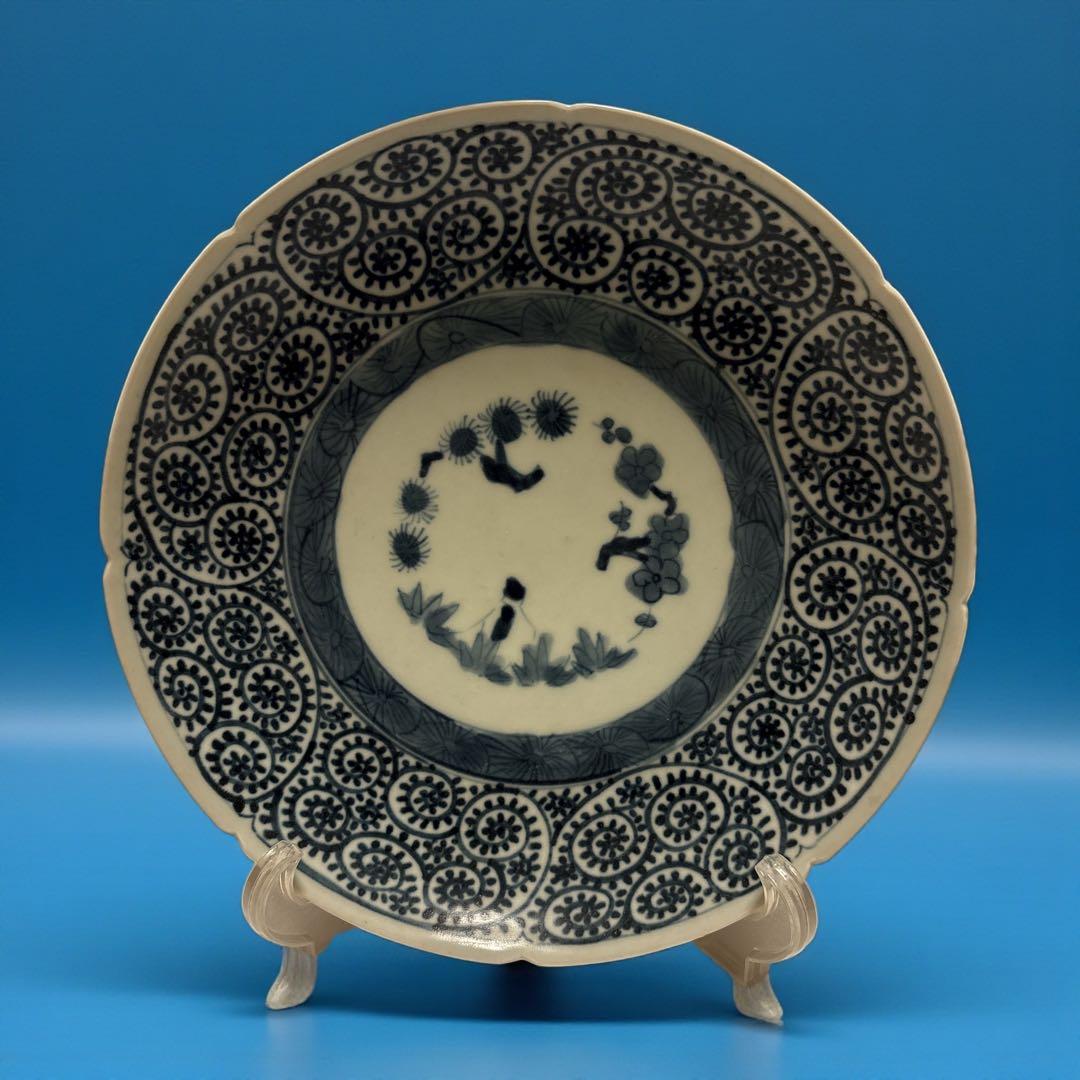 伊万里 有田 染付 印判手 輪花皿 蛸唐草 花丸繋ぎ 見返し蓮弁 見込 四君子