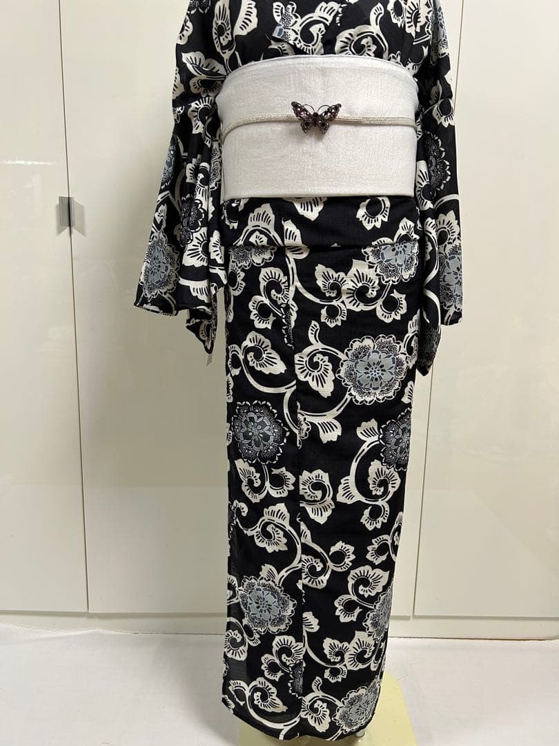 黒地の浴衣 L ゆかた ユカタ 自宅で洗えるゆかた ブラック 浴衣単品販売