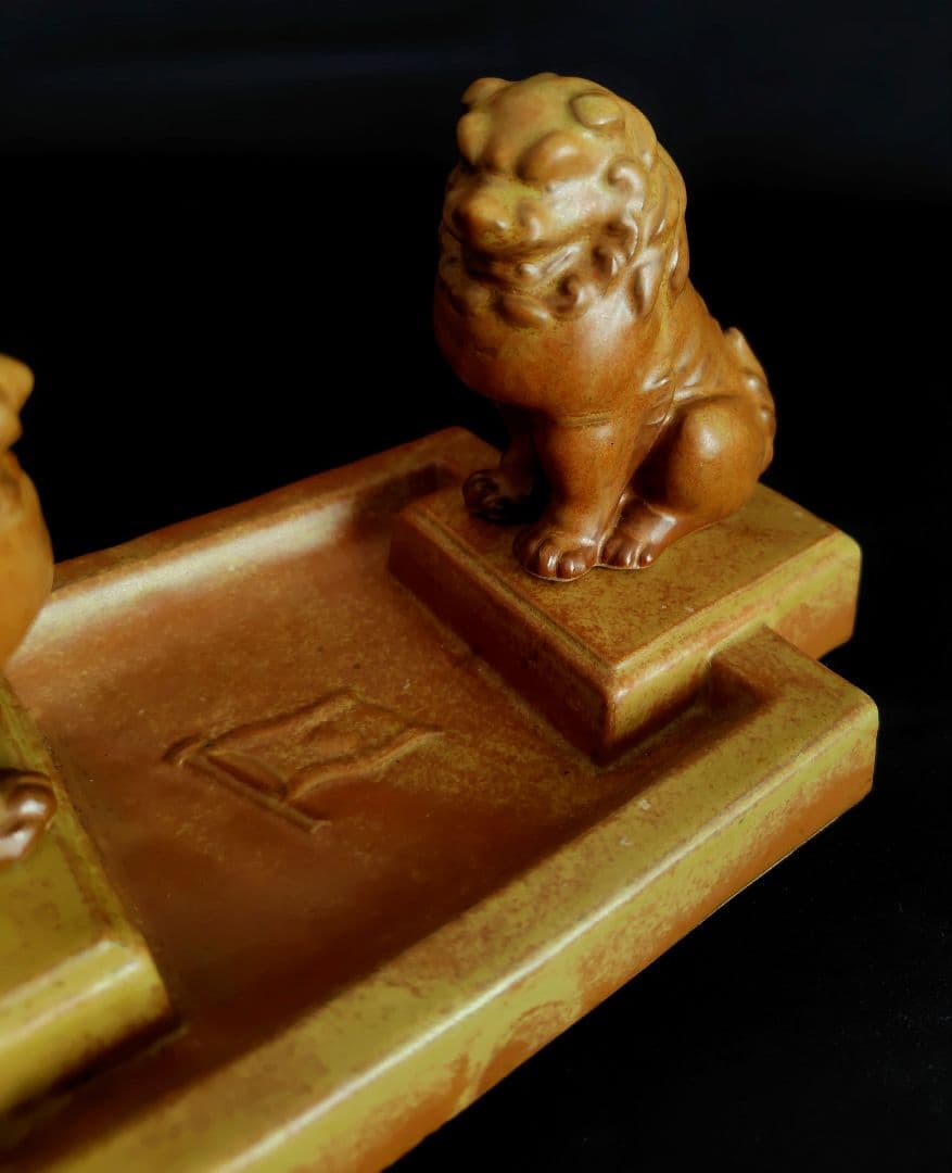 九谷焼　狛犬灰皿　木箱付き　昭和十六年　ヴィンテージ　獅子