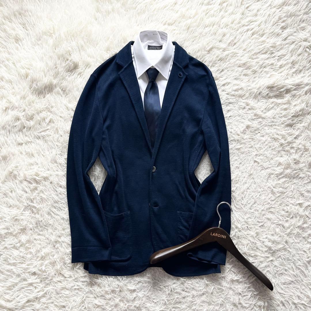 <美品>LARDINI ネイビー コットン ニット ジャケット サイズM相当
