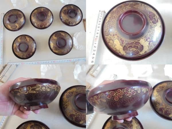 AKa6743　輪島塗　塩安製　蒔絵　煮物椀　五客　共箱　未使用