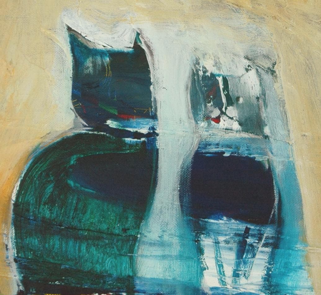 油絵 菅家令子 絵 絵画インテリア額付(青緑＋金色の枠) F6-071019 猫