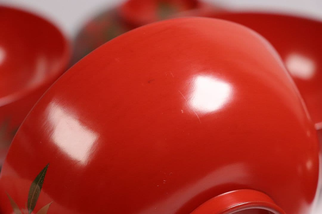 CG34 輪島塗 時代木製漆器 竹笹蒔絵 朱塗御吸物椀 五客 / 伝統漆芸茶懐石