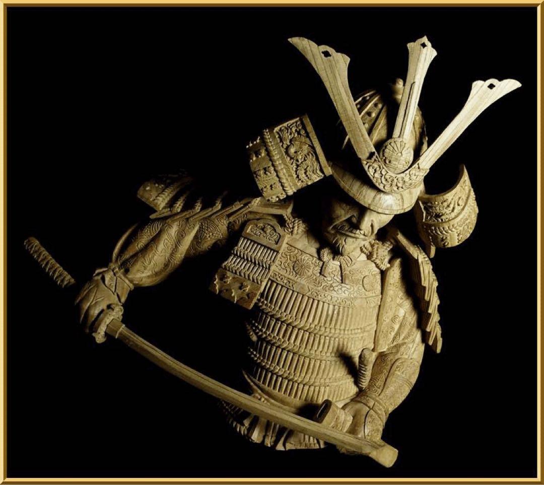 楠木正成像　SHOGUN 将軍　日本の武将　木彫作品　壁掛け　箱あり