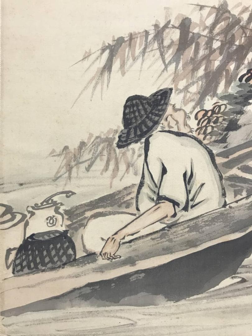 【真作】兼本春篁/漁礁問答図/人物図/掛軸/名家伝来/AC-480