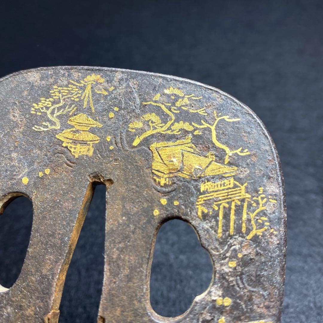 時代金象嵌刀鍔　木箱付　153g 東Y7-0220☆2Fトヒト