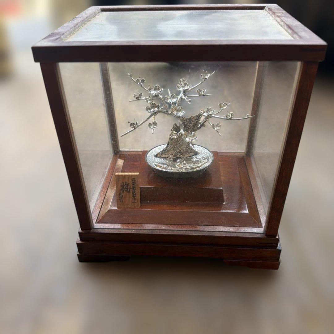 梅の木の彫刻 置物 木製ケース付き　純銀製　光則作