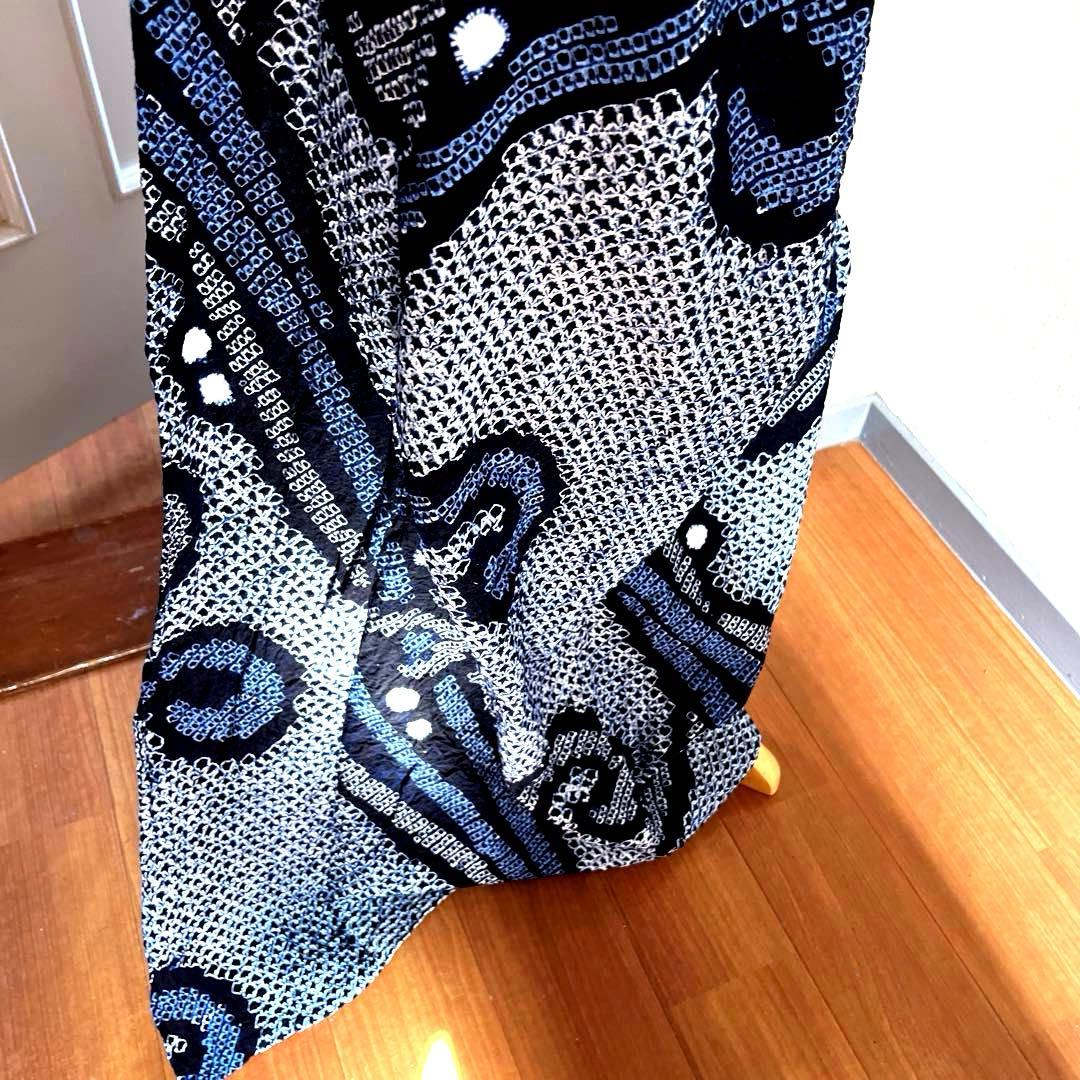 有松鳴海絞り 唐草模様 広襟そう手縫い仕立て 濃紺×ブルー 洗い済み 美品S