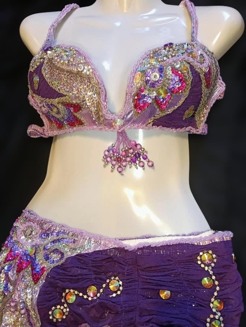 【新品Sale】エジプト製ベリーダンス衣装パープル《花》