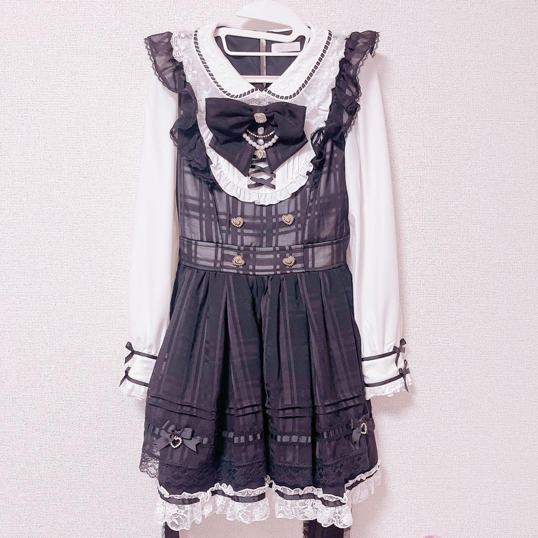 LIZLISA シアーチェックエプロンフリルワンピース