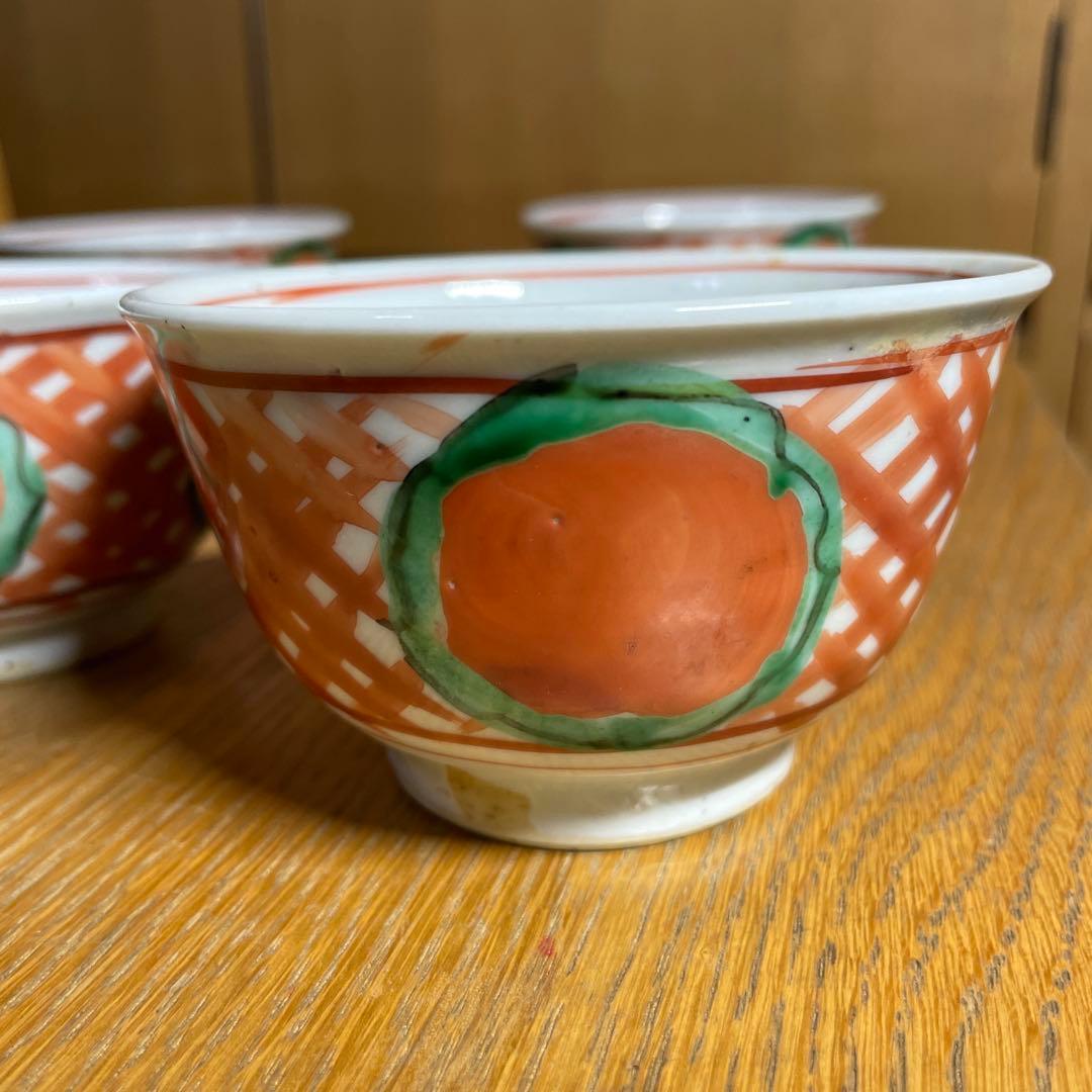 須田菁華　赤絵丸紋　煎茶碗　五客　箱なし