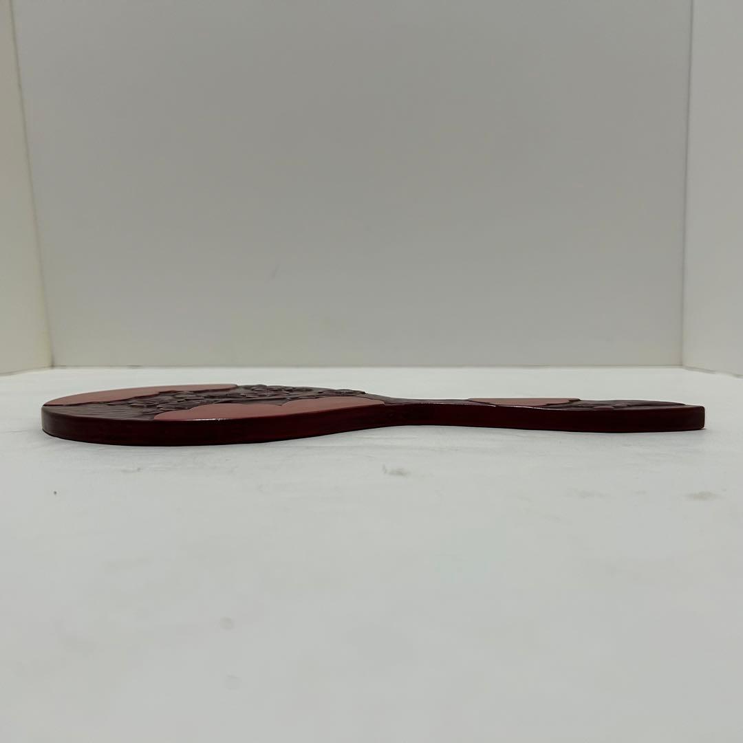 鎌倉彫 手鏡 時代もの 姫鏡 梅 雲紋様 乾口塗 木彫 朱漆 十寸