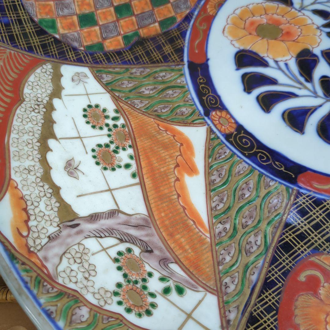 骨董 伊万里 直径45.7cm 大皿 染め錦 飾り皿 盛り皿 明治時代