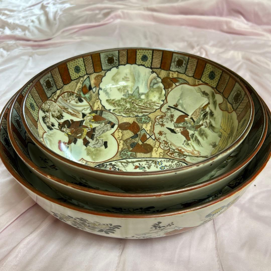 骨董品　武者絵九谷焼　三つ揃鉢　アンティーク大皿30cm