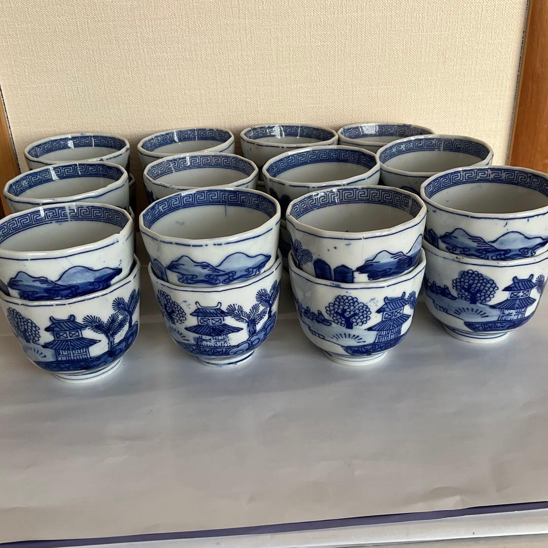 染付楼閣山水唐人文向付(蕎麦猪口)24客組　幕末〜明治時代頃