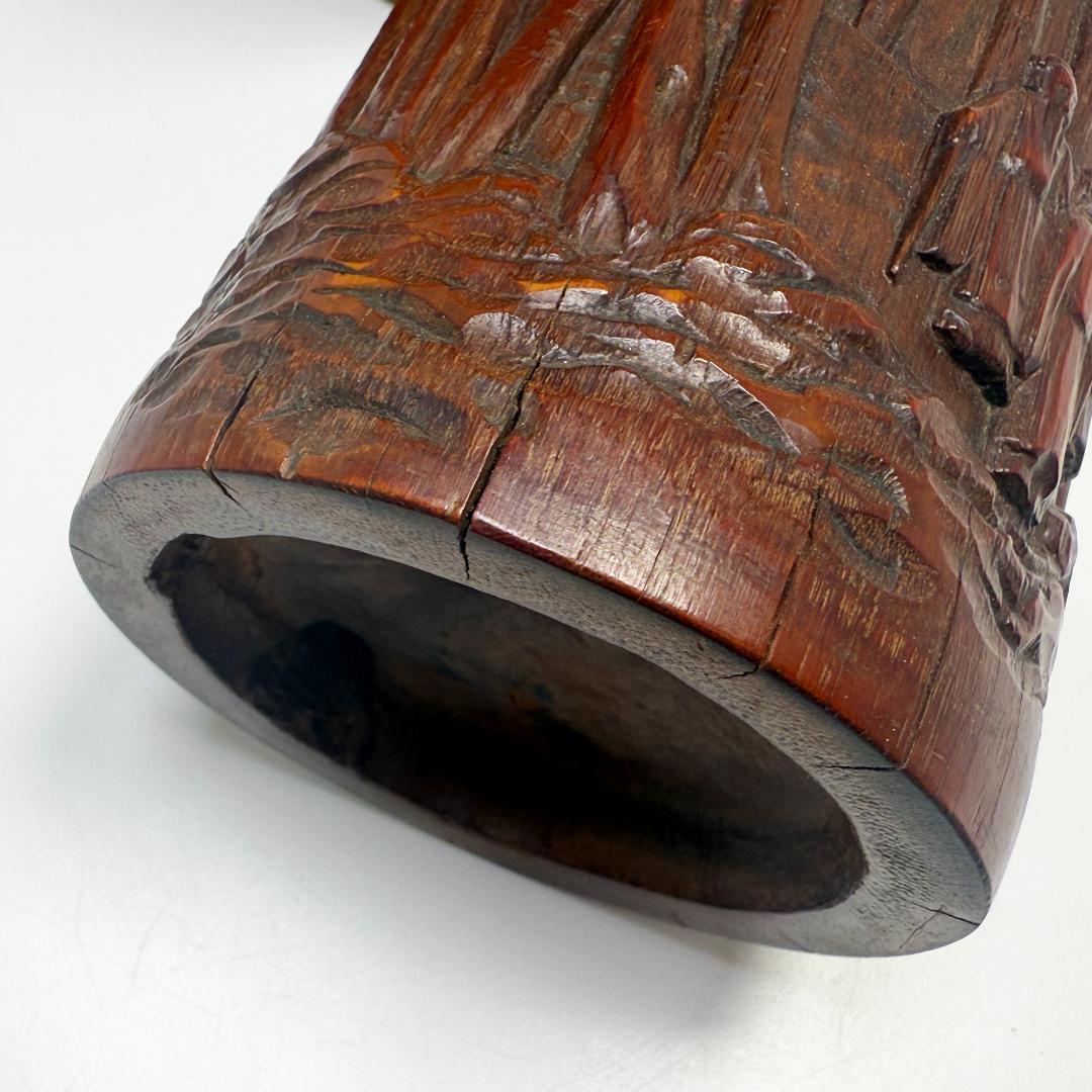 中国美術 竹製 彫刻 筆筒 筆立 書道品 在銘